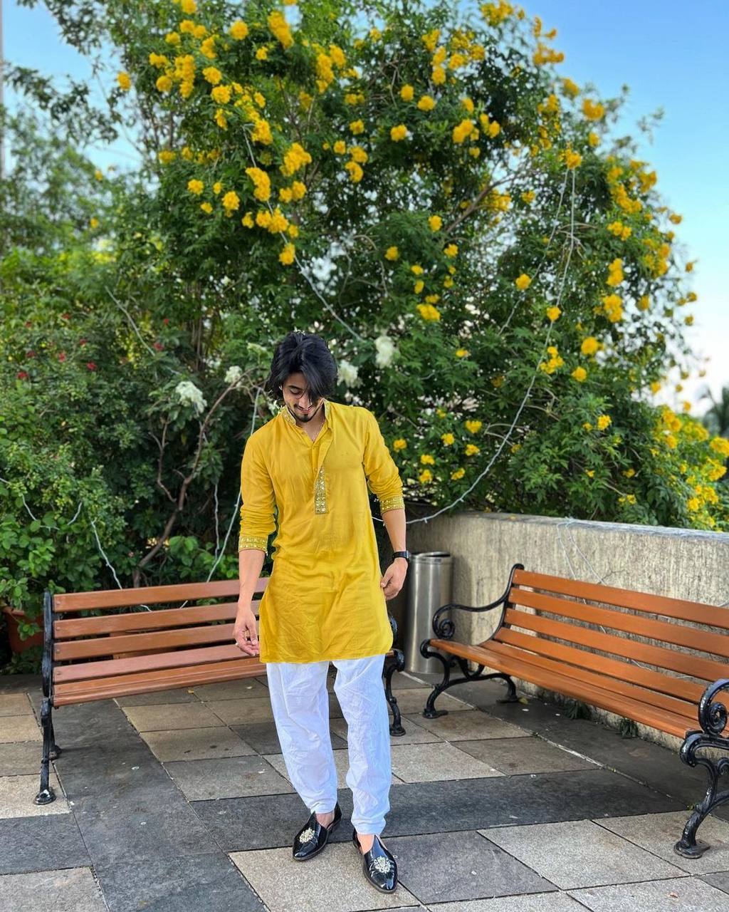 MUSTARD YELLOW  MIRROR EMBROIDERY KURTA AND PAJAMA