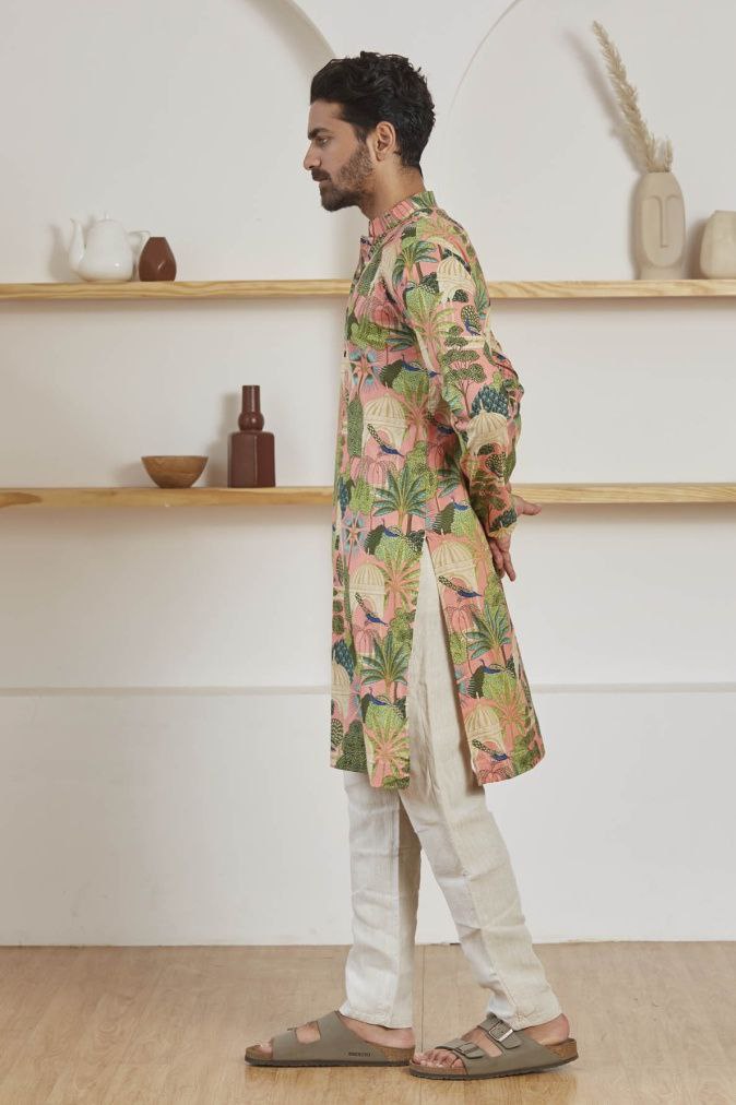 PINK WOVEN MUGHAL GARDEN AND BIRD PRINTED KURTA WITH PAJAMA SET FOR MEN