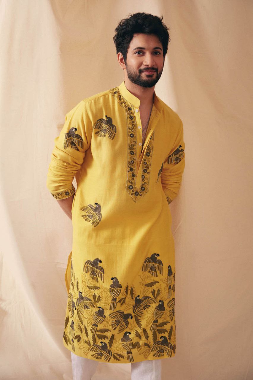 MUSTARD PARROT CHANDERI KURTA PAJAMA SET FOR MENS