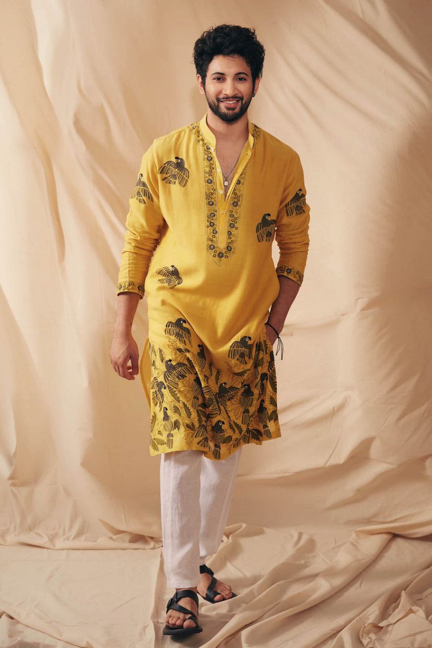 MUSTARD PARROT CHANDERI KURTA PAJAMA SET FOR MENS