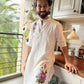 HANDPRINTED WHITE  FLORAL KURTA WITH PAJAMA SET FOR MEN