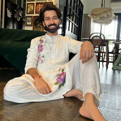 HANDPRINTED WHITE  FLORAL KURTA WITH PAJAMA SET FOR MEN