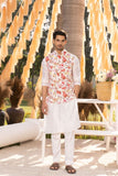 OFF WHITE MODEL SATIN PRINTED BOTANICAL BUNDI KURTA SET