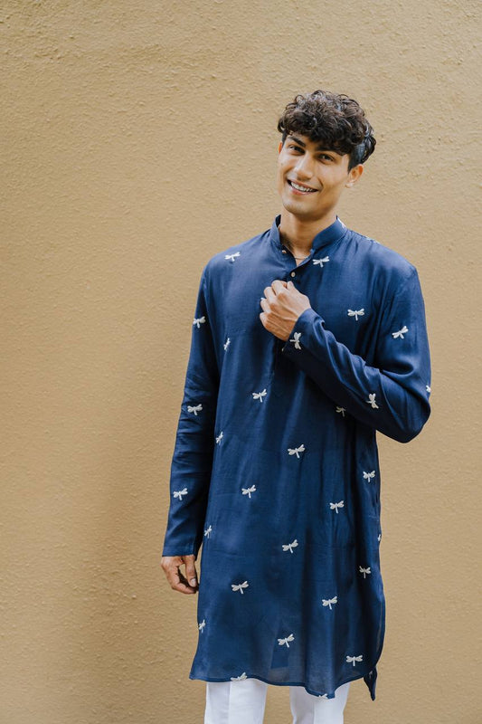 NAVY BLUE DRAGON  FLY EMBROIDERY WORK KURTA WITH PAJAMA SET FOR MEN