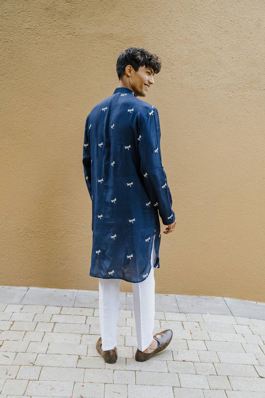 NAVY BLUE DRAGON  FLY EMBROIDERY WORK KURTA WITH PAJAMA SET FOR MEN