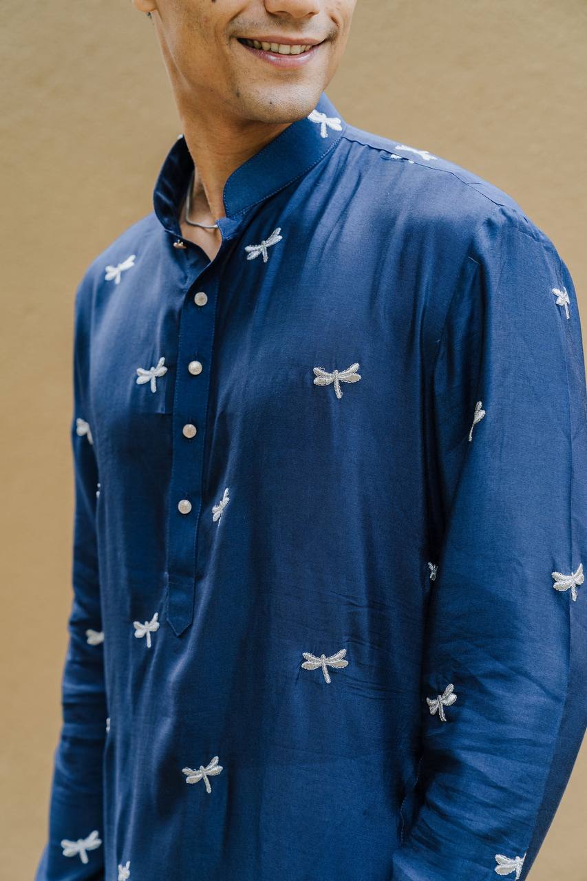 NAVY BLUE DRAGON  FLY EMBROIDERY WORK KURTA WITH PAJAMA SET FOR MEN