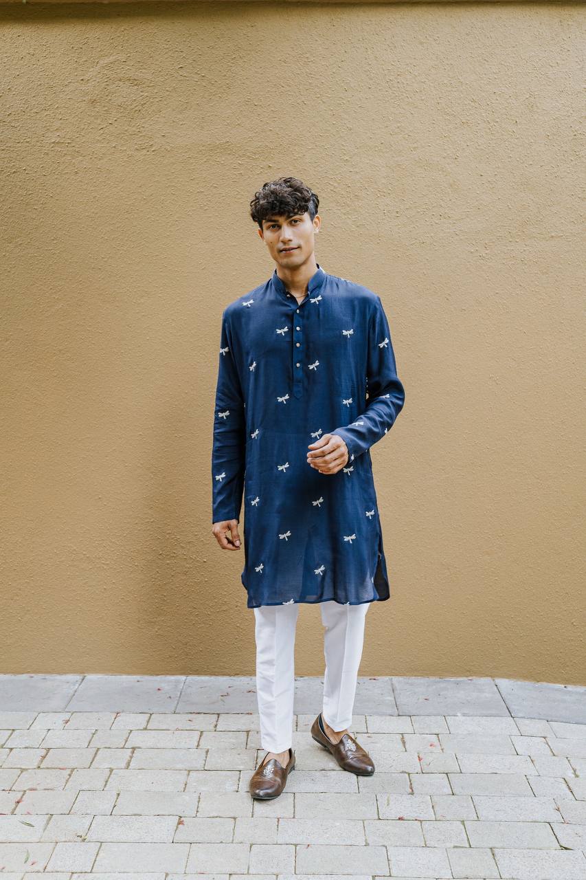 NAVY BLUE DRAGON  FLY EMBROIDERY WORK KURTA WITH PAJAMA SET FOR MEN