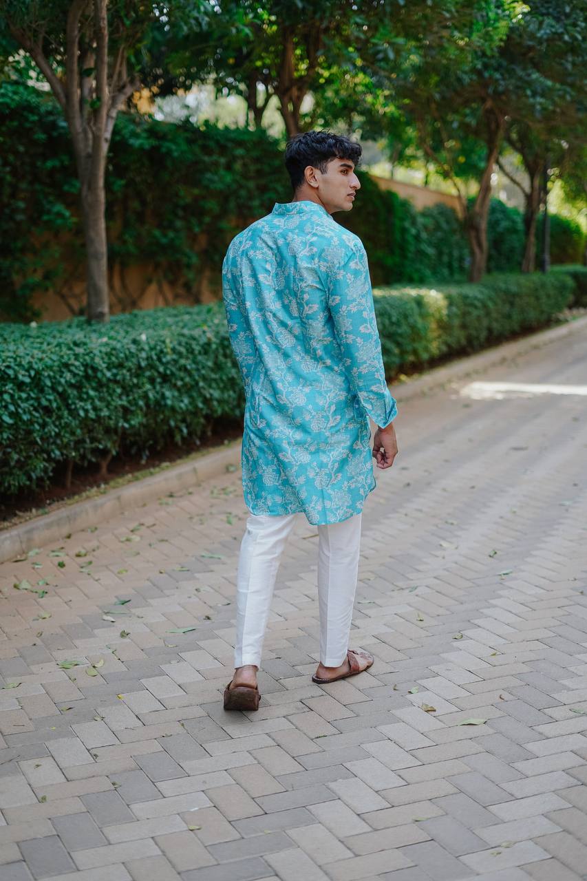 MINT GREEN  PRINTED KURTA WITH PAJAMA SET FOR MEN