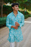 MINT GREEN  PRINTED KURTA WITH PAJAMA SET FOR MEN