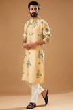 BEIGE CHANDERI HANDLOOM  PRINTED KURTA WITH PAJAMA SET FOR MEN'S