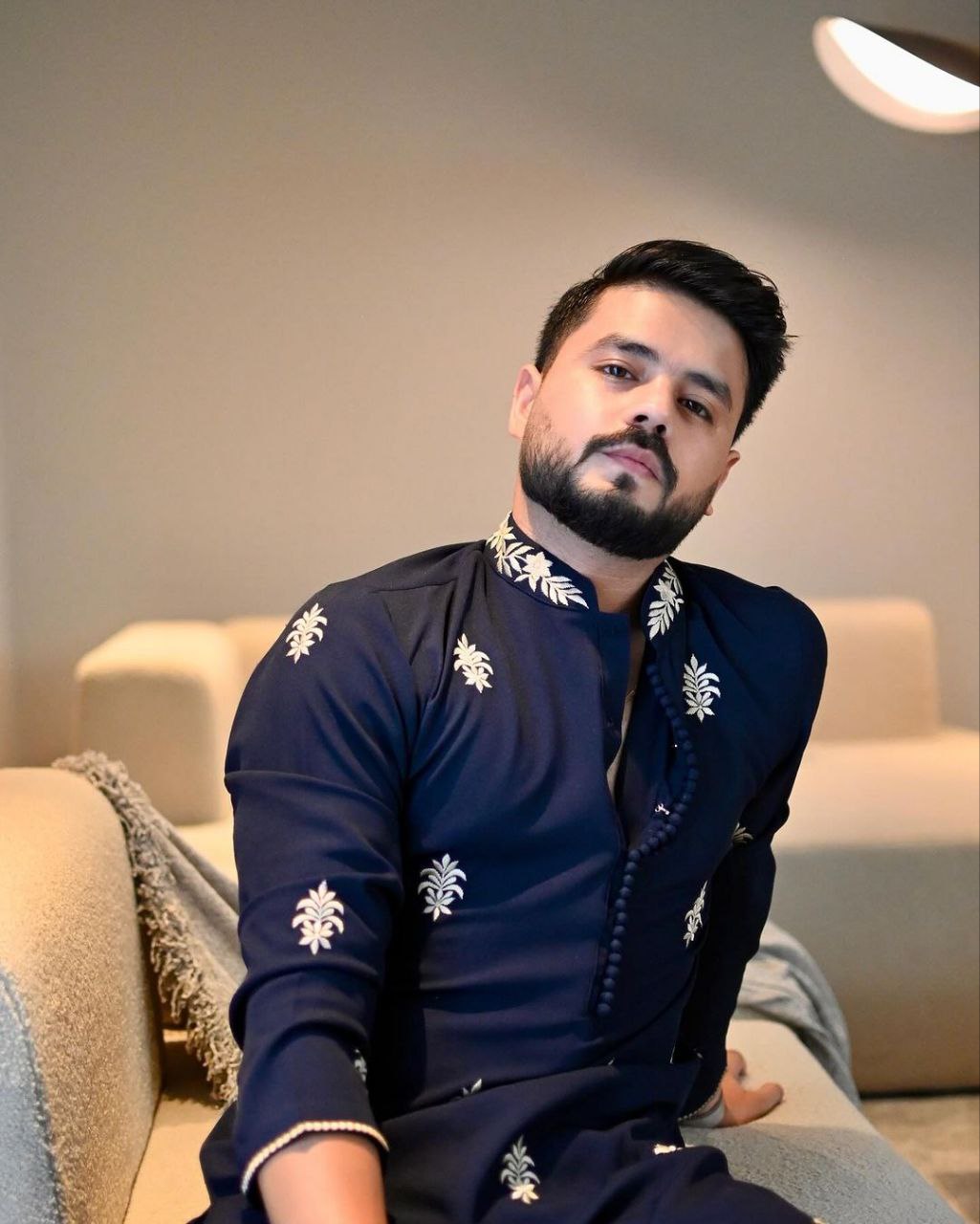 OXFORD BLUE RAW SILK WHITE THREAD EMBROIDERED KURTA WITH PAJAMA FOR MENS