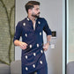 OXFORD BLUE RAW SILK WHITE THREAD EMBROIDERED KURTA WITH PAJAMA FOR MENS