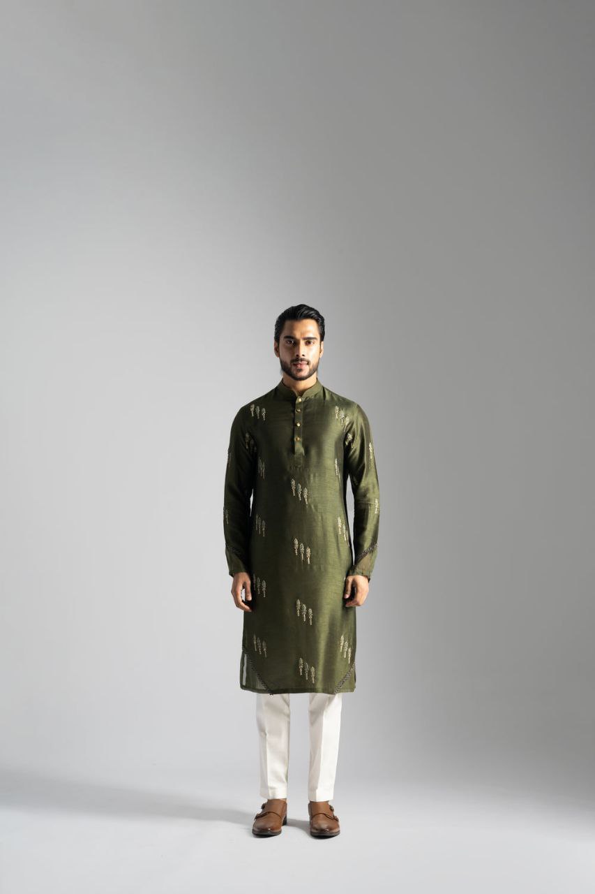 OLIVE GREEN LINEN SATIN CUTDANA & FLORAL EMBROIDERED KURTA PAJAMA SET FOR MEN'S