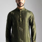 OLIVE GREEN LINEN SATIN CUTDANA & FLORAL EMBROIDERED KURTA PAJAMA SET FOR MEN'S