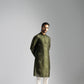 OLIVE GREEN LINEN SATIN CUTDANA & FLORAL EMBROIDERED KURTA PAJAMA SET FOR MEN'S