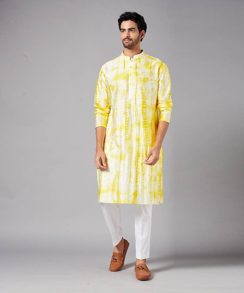 TIE & DAY WHITE & WHITE PRINTED KURTA PAJAMA SET FOR MEN'S