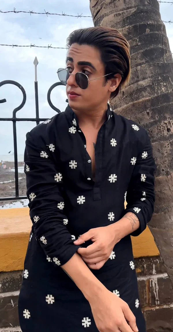 BLACK ### SEQUENCE WORK EMBROIDERED KURTA WITH PAJAMA