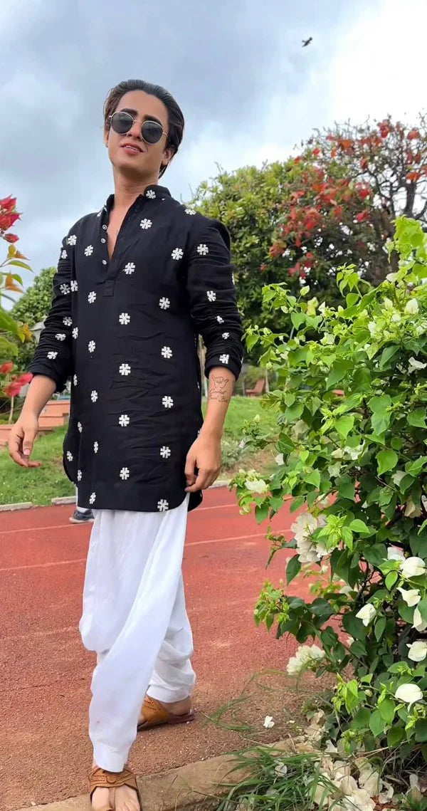 BLACK ### SEQUENCE WORK EMBROIDERED KURTA WITH PAJAMA