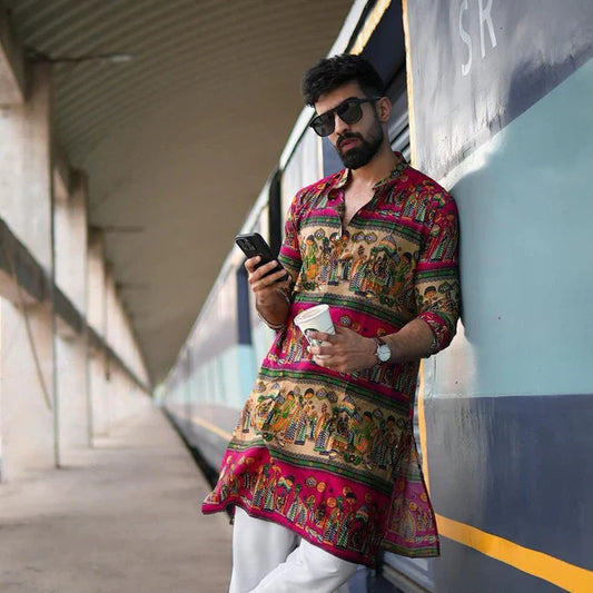 RED N CREAM BLOCK PRINTED KURTA WITH PAJAMA SET