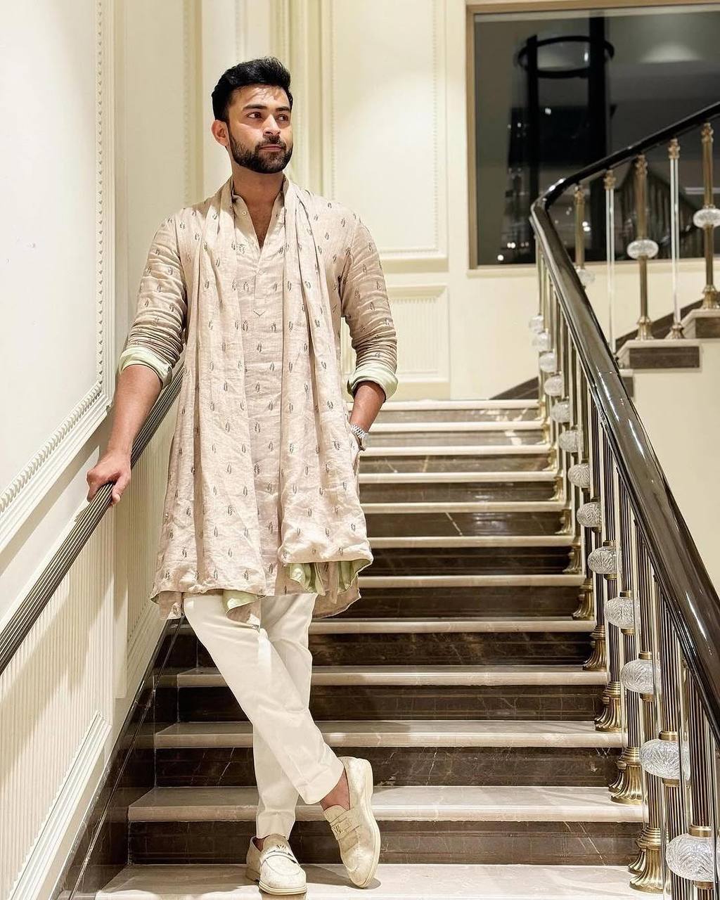 BEIGE MOTIF EMBROIDERED  WORK KURTA, PAJAMA AND DUPATTA SET FOR MEN'S