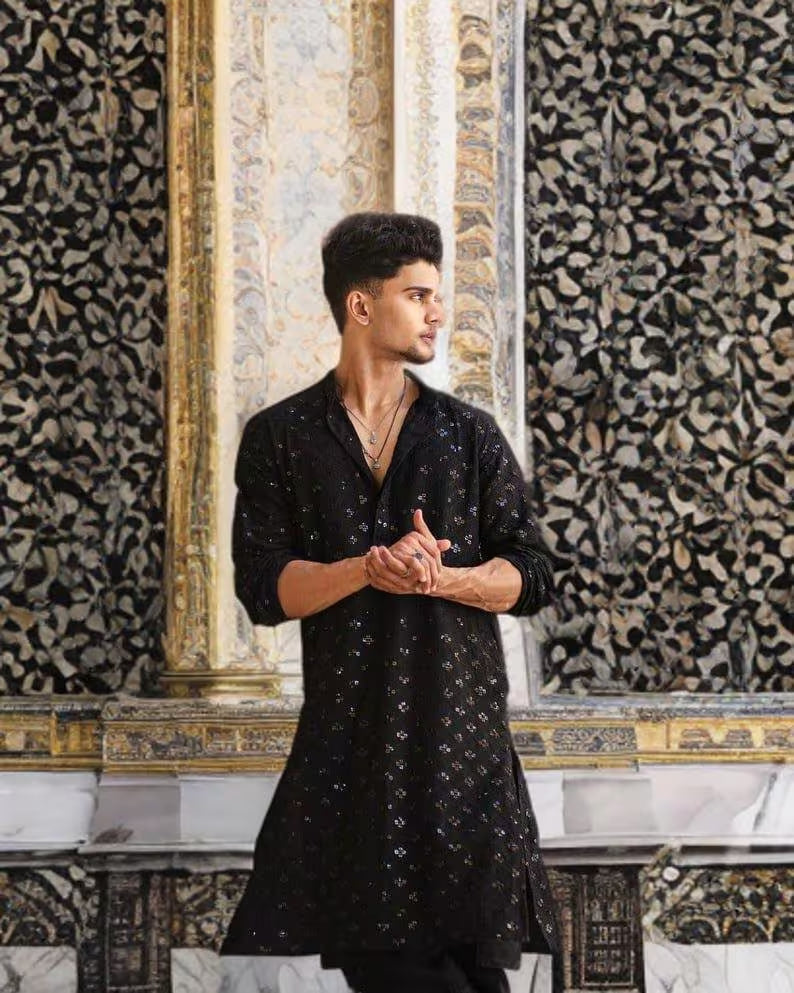 BLACK  EMBROIDERED AND SEQUENCE KURTA WITH PAJAMA