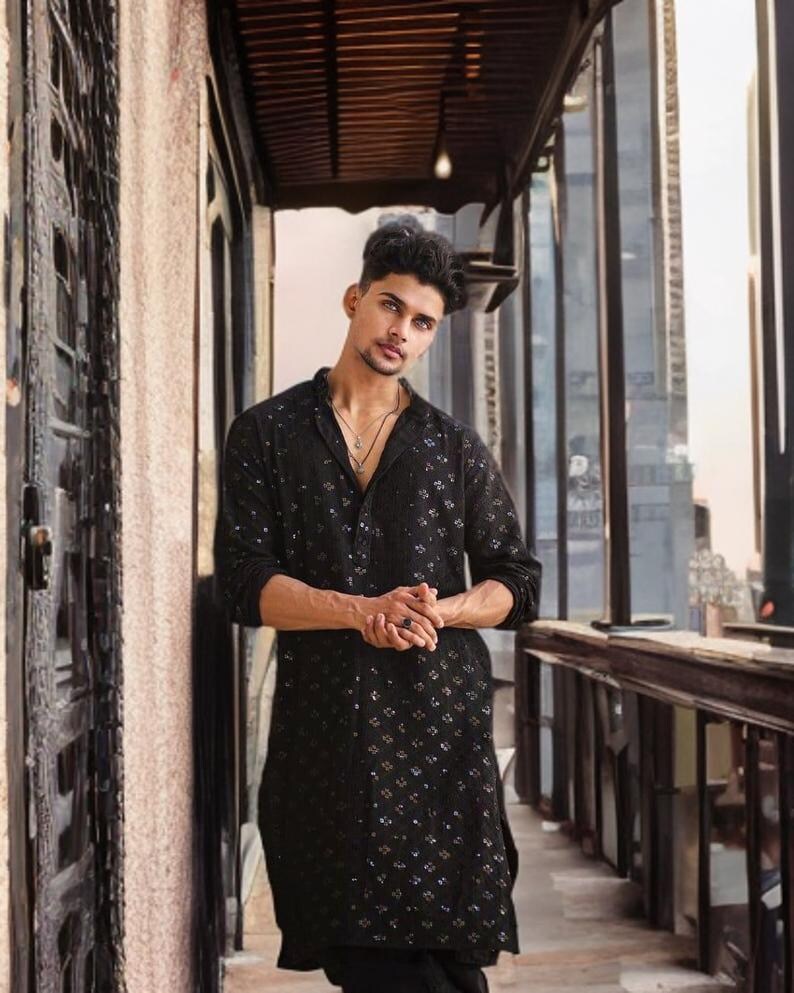 BLACK  EMBROIDERED AND SEQUENCE KURTA WITH PAJAMA