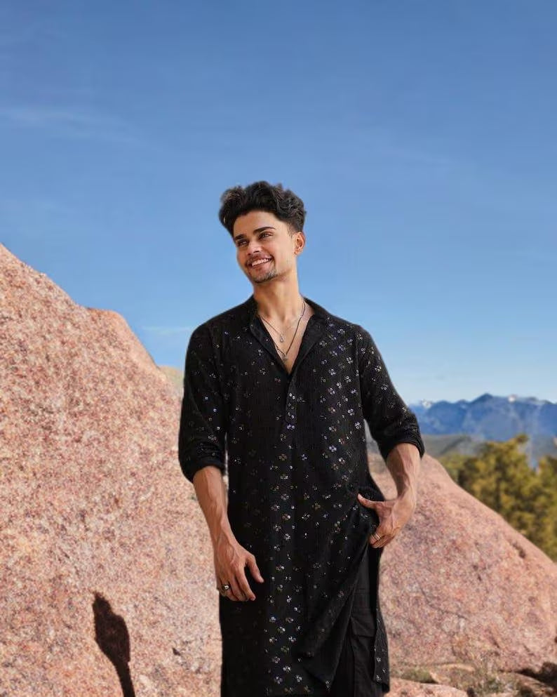 BLACK  EMBROIDERED AND SEQUENCE KURTA WITH PAJAMA