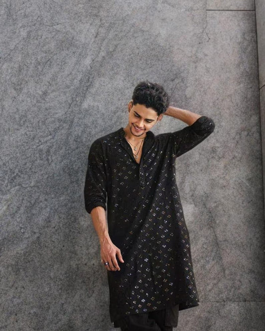 BLACK  EMBROIDERED AND SEQUENCE KURTA WITH PAJAMA