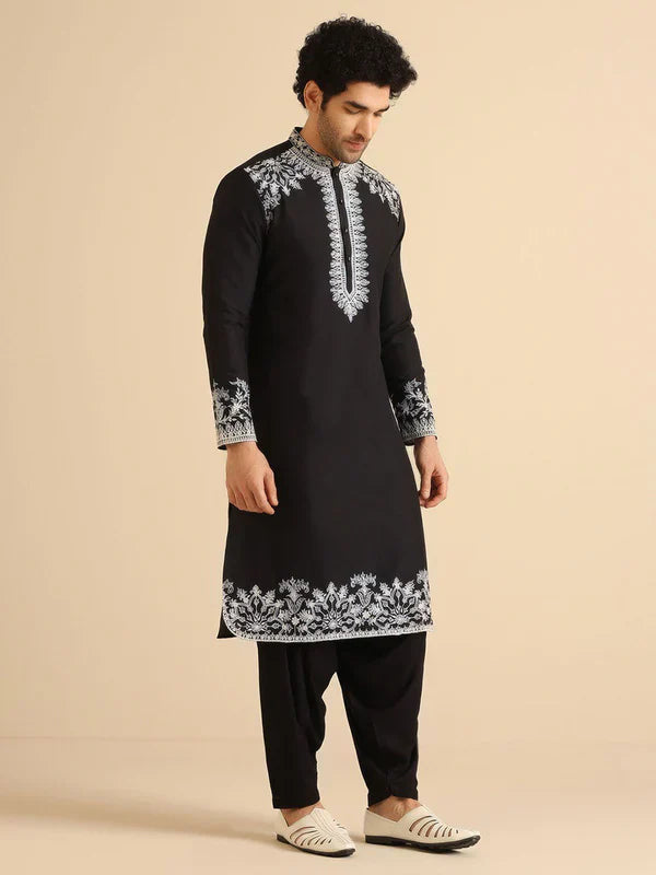 Black Neck White Cotton Embroidered Work Men's Kurta with Pajama