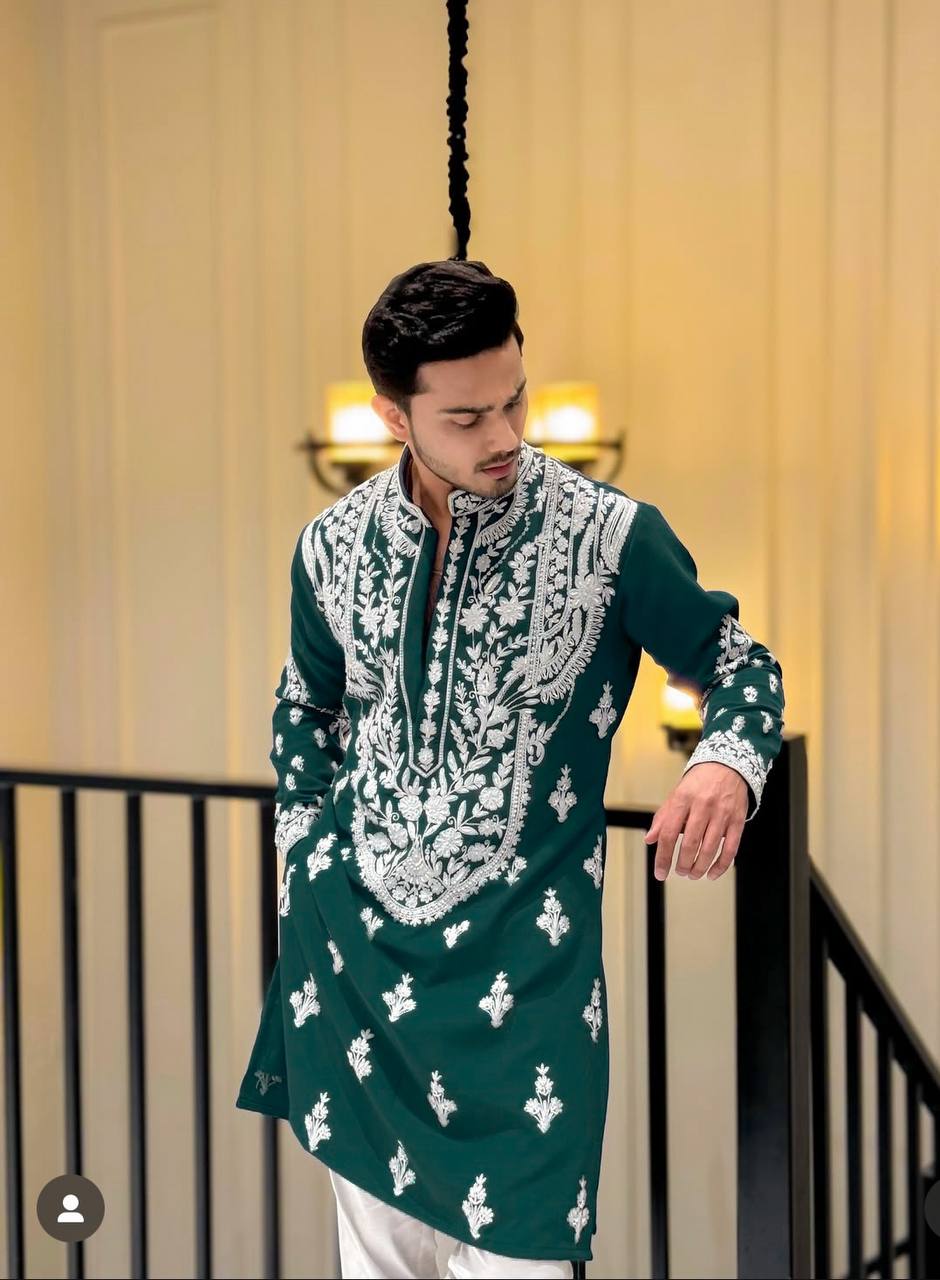 SPECIAL GREEN NECK EMBROIDERED WORK MEN’S KURTA WITH PAJAMA