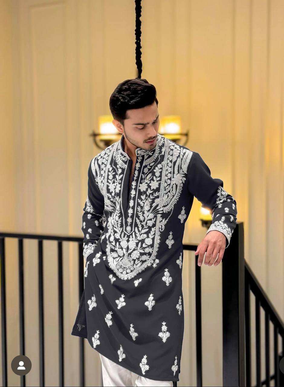 SPECIAL BLACK NECK EMBROIDERED WORK MEN’S KURTA WITH PAJAMA