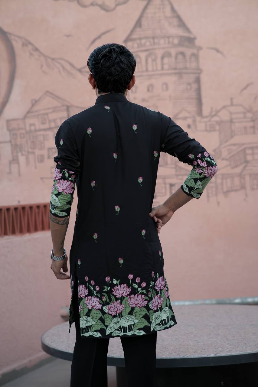 BLACK PINK LOTUS HEAVY FLORAL EMBROIDERED KURTA WITH PAJAMA