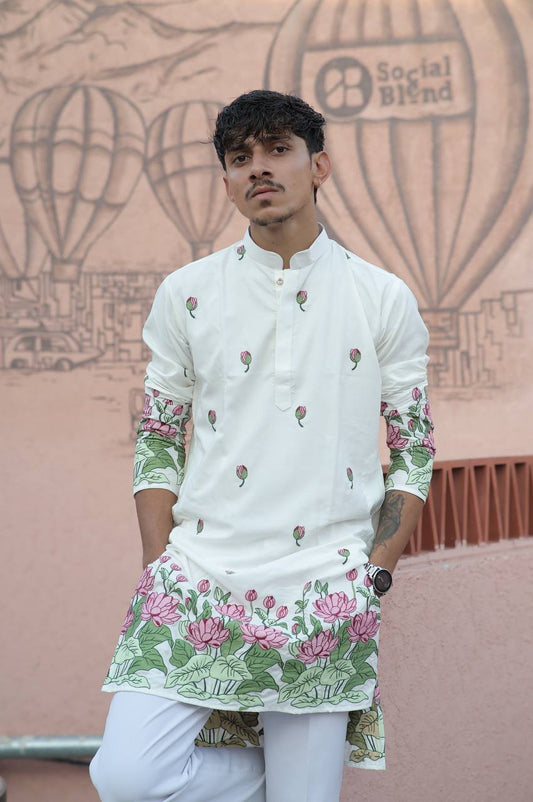 WHITE  PINK LOTUS HEAVY FLORAL EMBROIDERED KURTA WITH PAJAMA