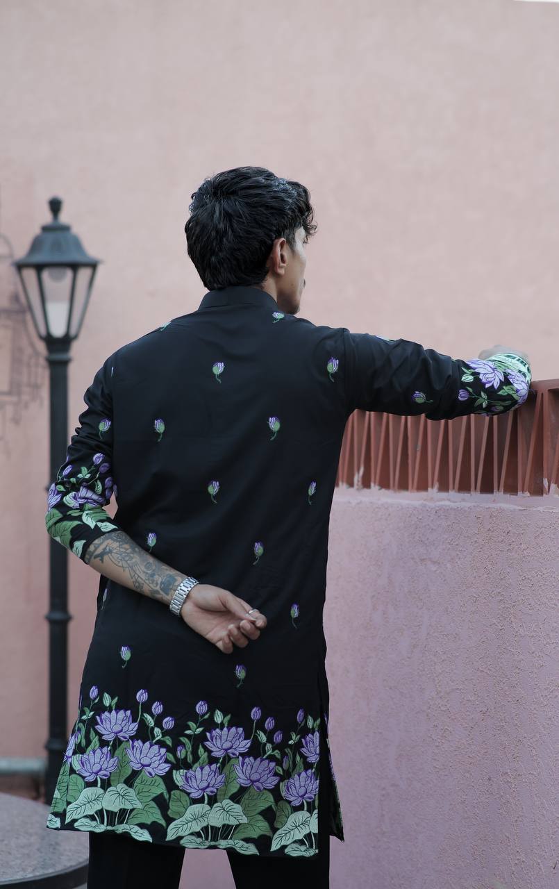 BLACK PURPLE LOTUS HEAVY FLORAL EMBROIDERED KURTA WITH PAJAMA