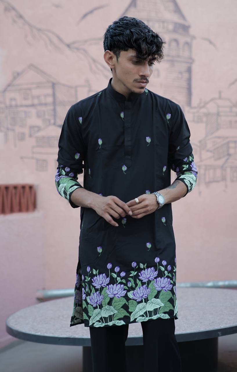 BLACK PURPLE LOTUS HEAVY FLORAL EMBROIDERED KURTA WITH PAJAMA