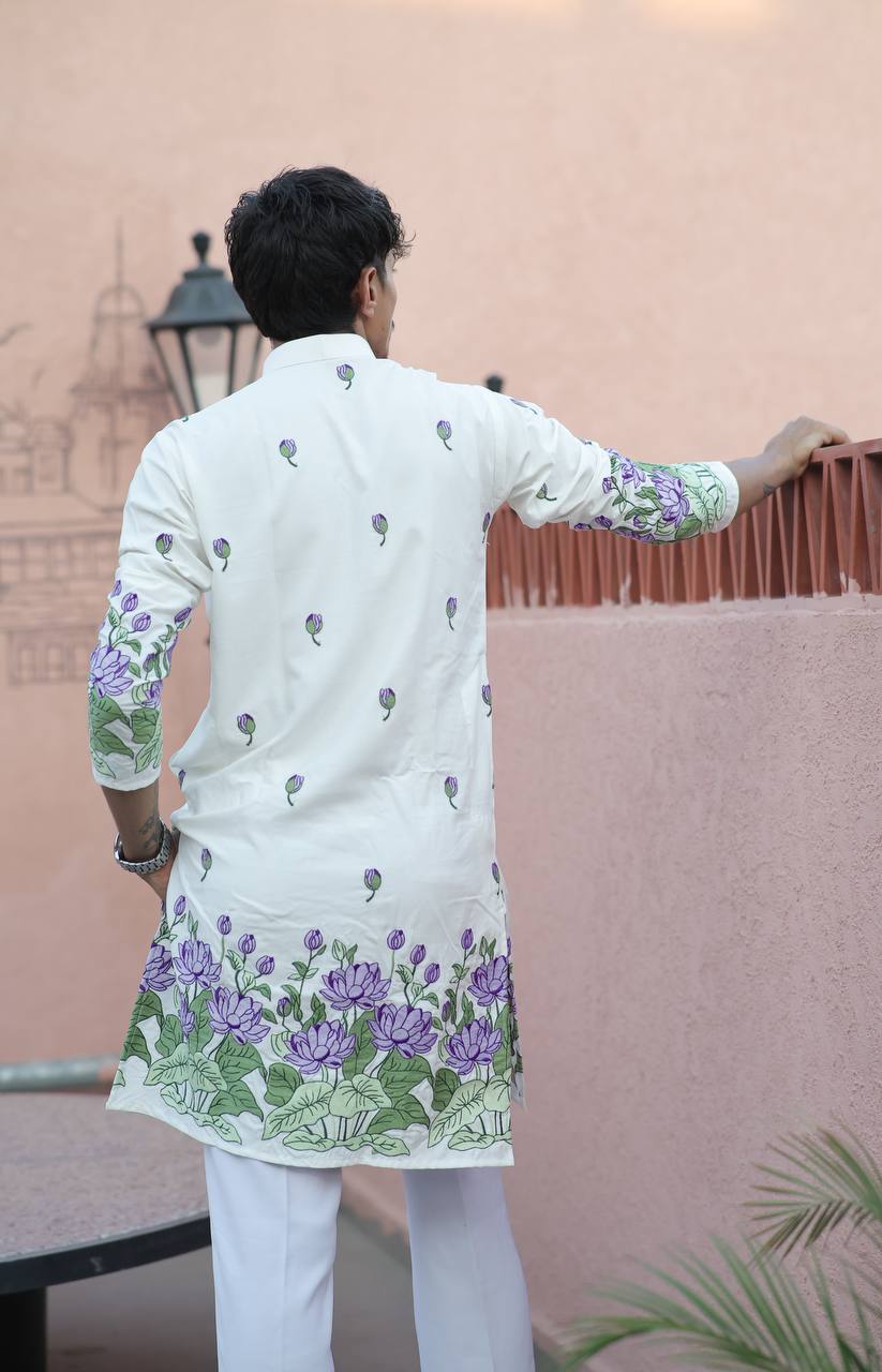 WHITE  PURPLE LOTUS HEAVY FLORAL EMBROIDERED KURTA WITH PAJAMA