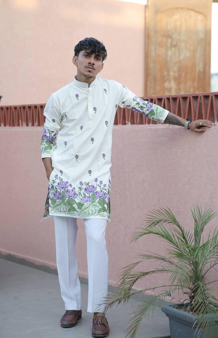 WHITE  PURPLE LOTUS HEAVY FLORAL EMBROIDERED KURTA WITH PAJAMA