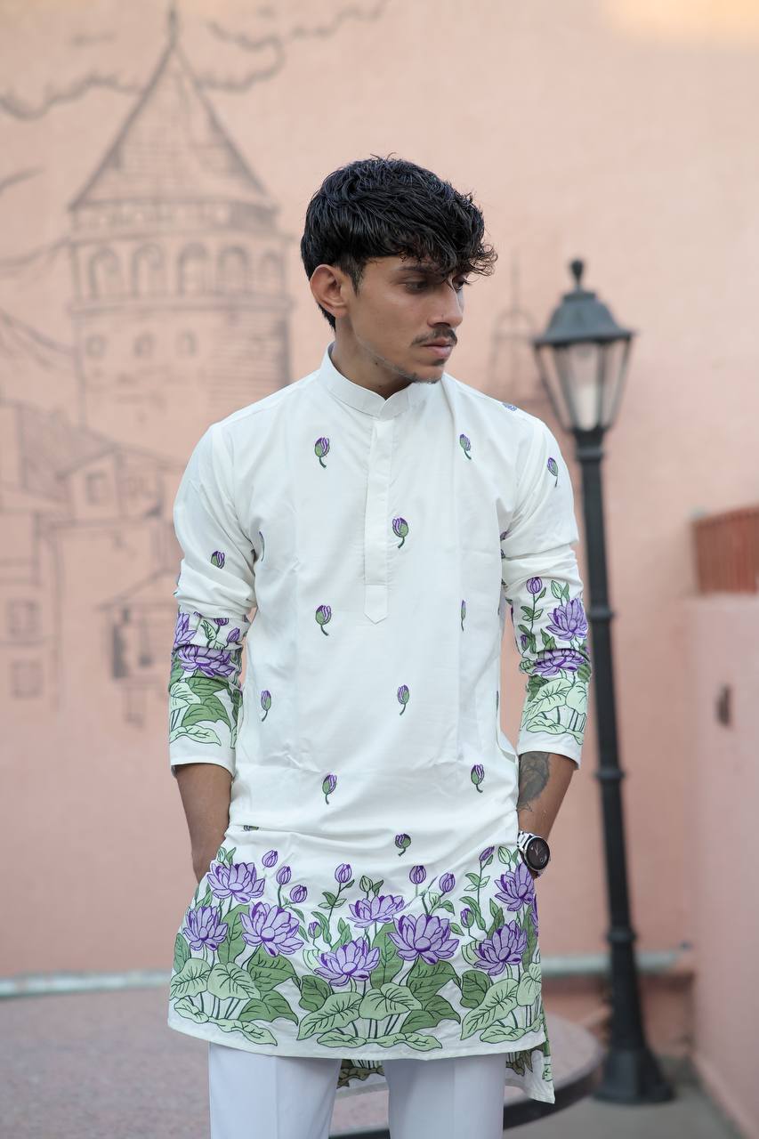WHITE  PURPLE LOTUS HEAVY FLORAL EMBROIDERED KURTA WITH PAJAMA