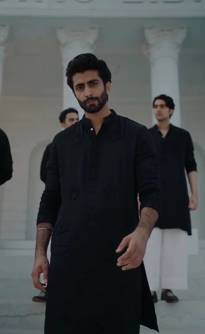 BLACK HEND WORK MOTIF EMBROIDERED KURTA WITH PAJAMA