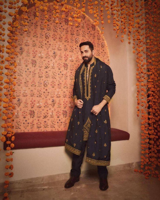 BLACK EMBROIDERED KURTA PAJAMA AND DUPATTA SET FOR MEN'S