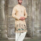 BEIGE TREE N PEACOCK DAMAN PRINTED WORK KURTA PAJAMA SET FOR MEN'S