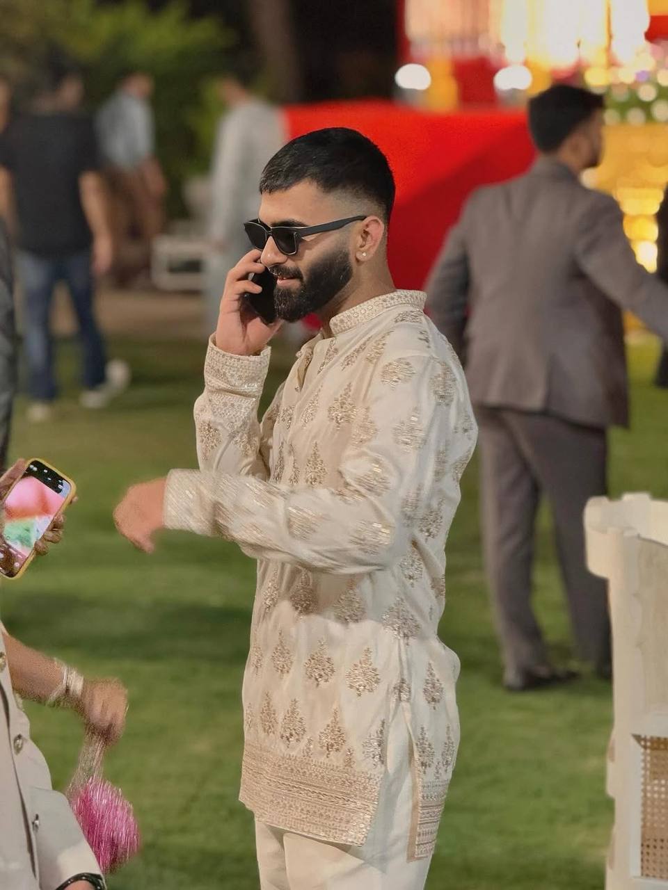 BEIGE  MOTIF EMBROIDERED WORK KURTA, PAJAMA  SET FOR MEN'S