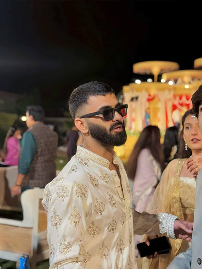 BEIGE  MOTIF EMBROIDERED WORK KURTA, PAJAMA  SET FOR MEN'S