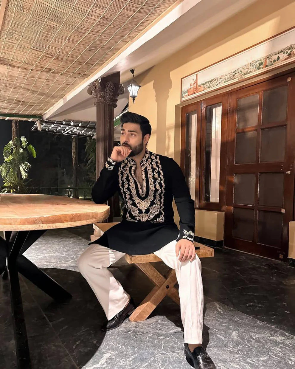 BLACK STYLISH NECK PATTERN EMBROIDERED WORK KURTA WITH PAJAMA FOR MENS