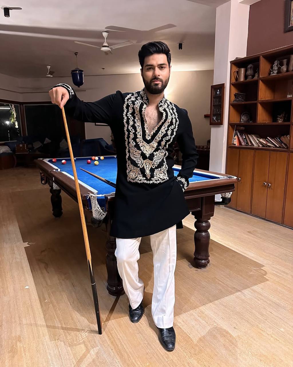 BLACK STYLISH NECK PATTERN EMBROIDERED WORK KURTA WITH PAJAMA FOR MENS