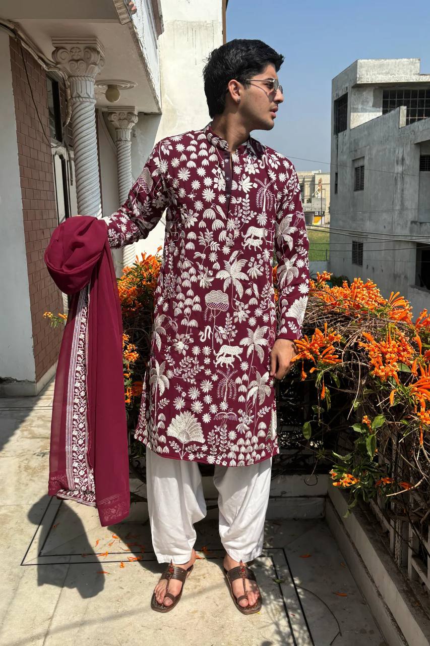 MARRON KURTA WITH WHITE THREAD WORK