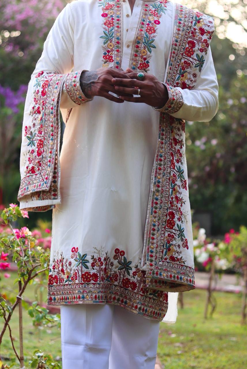 WHITE SILK KURTA SET WITH  DUPATTA
