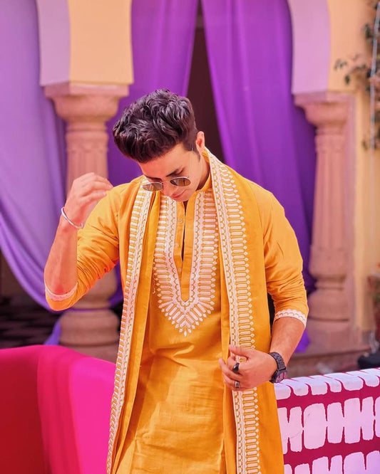 MUSTED YELLOW NECK AND BUTTI WORK KURTA  PAJAMA AND  DUPATA SET