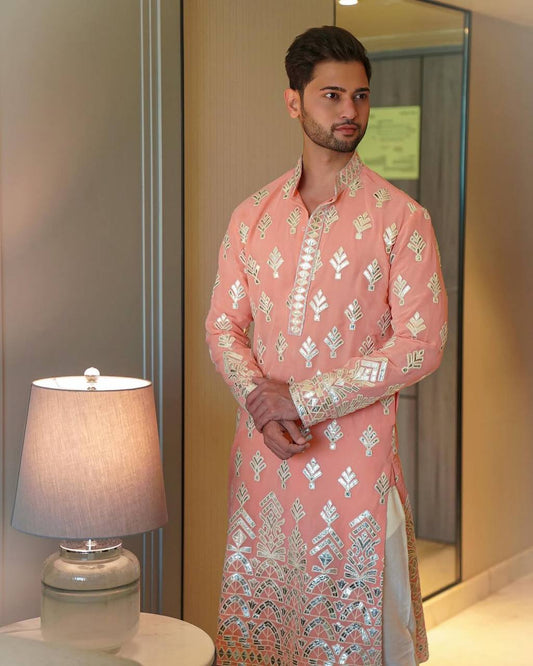 BABY PINK FOIL EMBROIDERRED KURTA PAJAMA SET FOR MEN'S