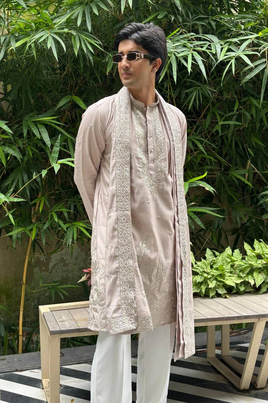 BLUSH PINK EMBROIDERRED KURTA PAJAMA WITH DUPATTA SET  FOR MEN'S